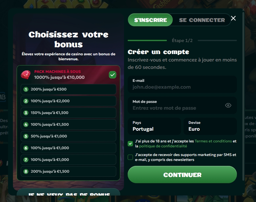 Choix du bonus à l'inscription sur Rivo Casino : pack machines à sous sur 8 dépôts
